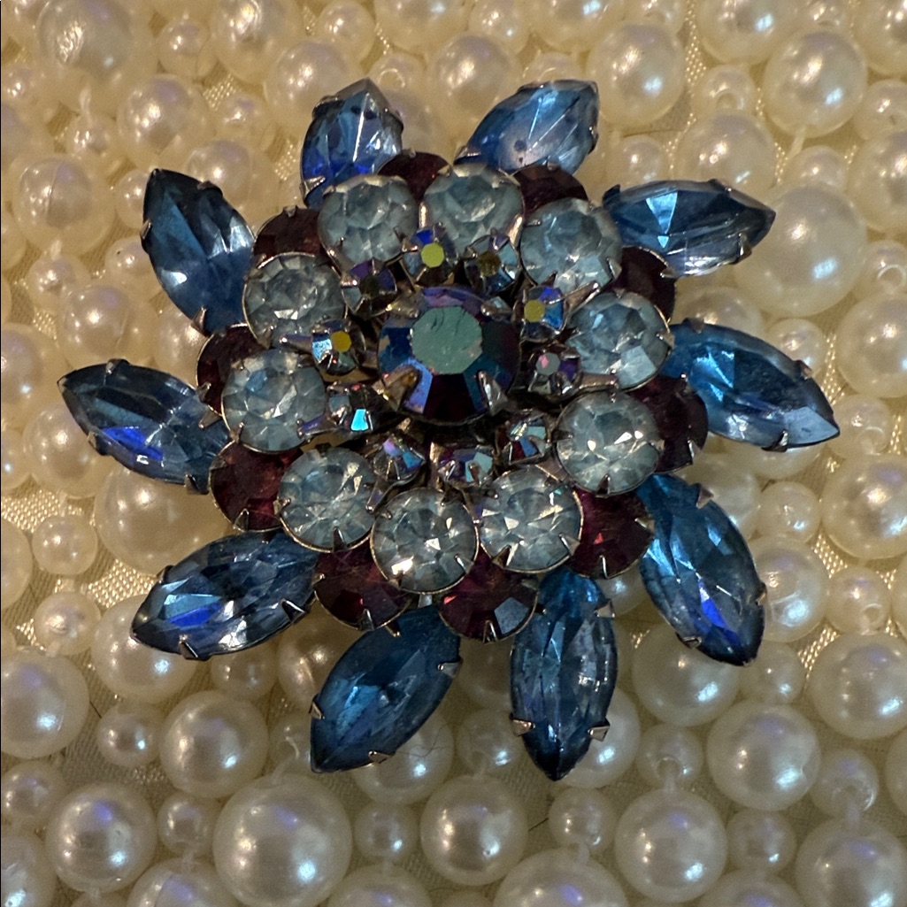 Vintage Cobalt Aurora Borealis Rhinestone & Blue Crystal Brooch Circa 1950s